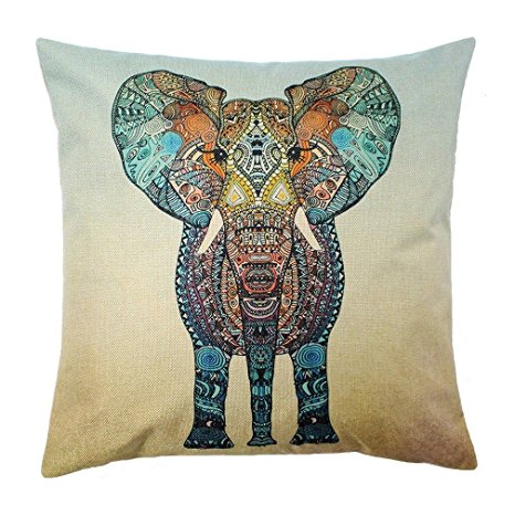 Onker Cotton Linen Square Decorative Throw Pillow Case Cushion Cover 18" x 18" Colorful Indian Elephant