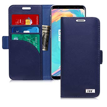 FYY Genuine Leather Case for Galaxy S9, Handmade [RFID Blocking] Wallet Case with Kickstand Card Slots Magnetic Closure Protective Cover for Samsung Galaxy S9 Navy