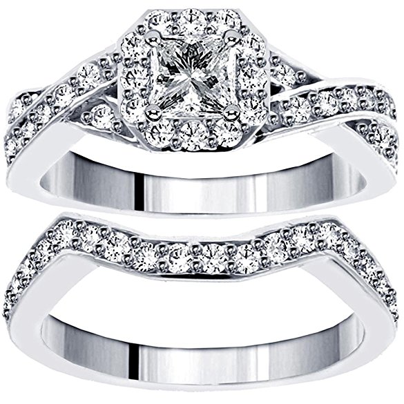 1.30 CT TW Braided Princess Cut Diamond Engagement Wedding Band Set in 14k White Gold