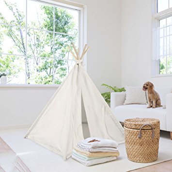 UKadou Pet Teepee Tent for Dogs Cats Portable Foldable Cotton Canvas Pets House Bed for Rabbit Puppy 5 Poles Pine Wooden with Floor White Color