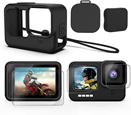 Deyard Accessories Kit for GoPro Hero 9 Black, Silicone Sleeve Protective Case with Rubber Cap   6Pcs Tempered Glass Screen Protector with Lens Cover Cap for GoPro Hero 9