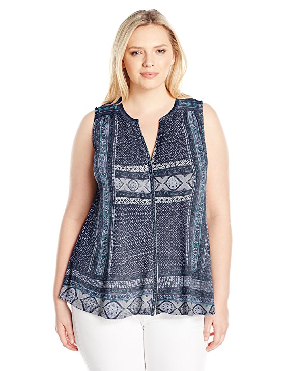 Lucky Brand Women's Plus Size Border Print Button up Shell