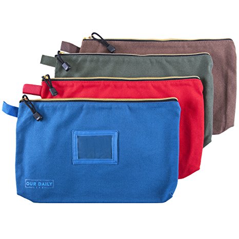 Canvas Zipper Tool Bags - 16oz Heavy Duty Water Resistant Multi-Purpose Spacious Storage Pouches - 4 Pack Organizer - Green, Red, Blue and Brown by Our Daily Life - Great for Summer Holiday