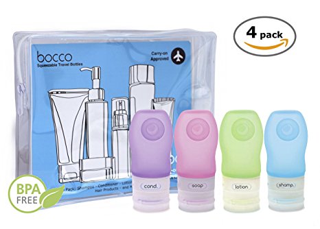 Bocco Leak Proof Squeezable Travel Bottles, TSA Approved Travel Accessories for Carry On Luggage - Perfect for Liquid Toiletries - 4 Pack (All Small 1.25 oz Bottles) (Purple/Pink/Blue/Green)