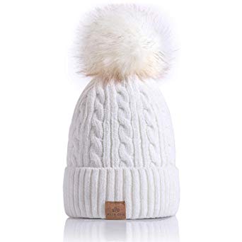 PAGE ONE Women Winter Pom Pom Beanie Hats Warm Fleece Lined,Chunky Trendy Cute Chenille Knit Twist Cap