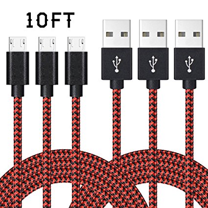 Micro USB Cable,littlejian 3Pack 10FT Extra Long Nylon Braided High Speed 2.0 USB to Micro USB Charging Cables Android Fast Charger Cord for Samsung Galaxy S7 Edge/S6/S4,Note 5/4/3,HTC(Black Red)