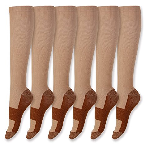 Graduated Copper Compression Socks Anti Fatigue Knee High Socks 6 Pairs Men Women Pain Ache Relief Stockings-15-20 mmHg