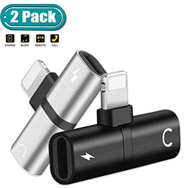 Headphone Jack Adapter for iPhone 7/7Plus/8/8Plus/X/XS/XR/XS Max, 2 in1 Headset Charger Dual Splitters Cables Accessories, AUX Audio Convertor Earphone Dongle Connector Fast Car Adapter【2 Pack】