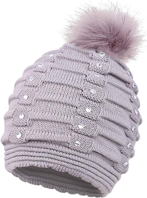 Arctic Paw Horizontal Cable Knit Beanie with Sequins and Faux Fur Pompom