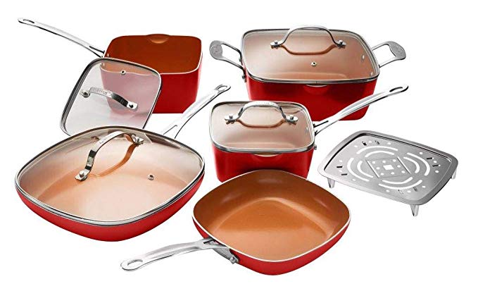 Gotham Steel 10-Piece Square Kitchen Set with Non-Stick Ti-Cerama Coating– 25% More Cooking Space than Round - Includes Skillets, Fry Pans, Stock Pots and Steamer, As Seen on TV - Red