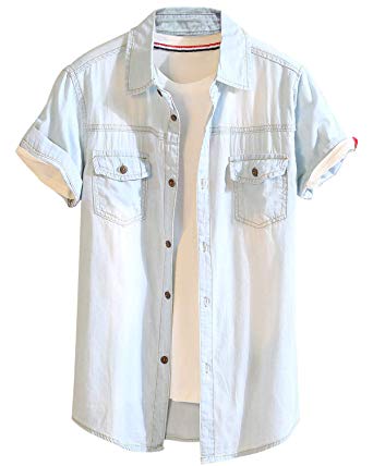 Pishon Men's Cotton Button Down Casual Slim Fit Jean Short Sleeve Chest Pocket Denim Shirt,Light Blue,Tagsize4XL=USsizeL
