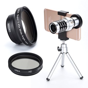 Orea 12x Cell Phone Telescope Lens Kit with Tripod Polarizer and Wide Angle Lens for Iphone 6s 6 Plus 6 5s Samsung Galaxy S6 S5 Mobile Phone