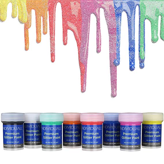 individuall Premium Glitter Paint - Made in Germany - The Original - Extreme high Pigmentation – for All Surfaces Paper, Canvas, Wood, Metal, Plastic, Fabric, Glass, and Ceramics, Set of 8 Paints
