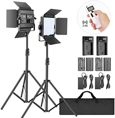 Neewer 2-Pack 2.4G LED Video Light with 2M Stand Bi-Color 200 SMD CRI 94 /U-Bracket/Barndoor/LCD Display Video Lighting Kit for Studio Photography, Remote/Battery/Charger/Case Included