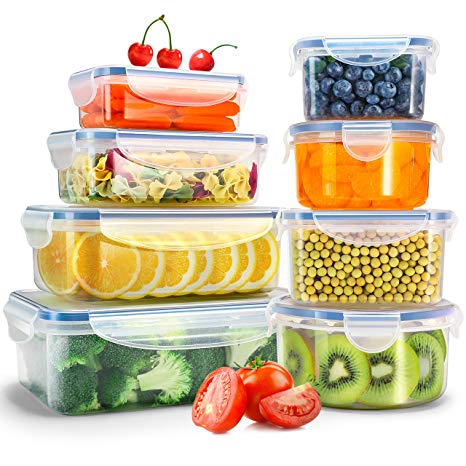 Veken Food Storage Containers with Airtight Lids, 8 Pack Plastic BPA Free, Reusable, Stackable Meal Prep Containers and Bento Lunch Boxes, Microwave, Freezer, Dishwasher Safe