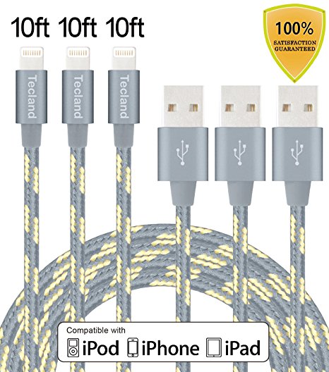 Tecland 3Pack 10FT Lightning Cable Nylon Braided Lightning to USB Charging Cord Charger for iPhone 6s,6, 6plus,6s plus, iPhone 5s 5 5c SE, iPad & iPod (gold  gray)