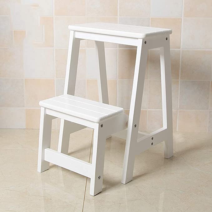 Wood 2 Step Stool for Adults & Kids Indoor Folding Stepladder Kitchen Wooden Ladders Small Foot Stools Portable Shoe Bench/Flower Rack (Color : White)