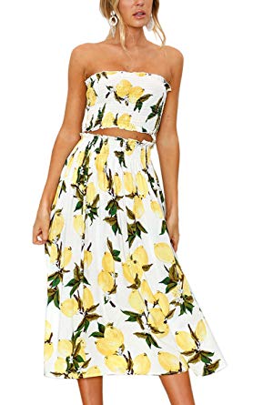 Angashion Women's Floral Crop Top Maxi Skirt Set 2 Piece Outfit Dress