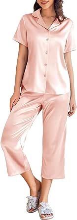 Ekouaer Womens Satin Pajamas Silk Capri Pjs 2 Piece Lounge Sets Short Sleeve Button Down Sleepwear