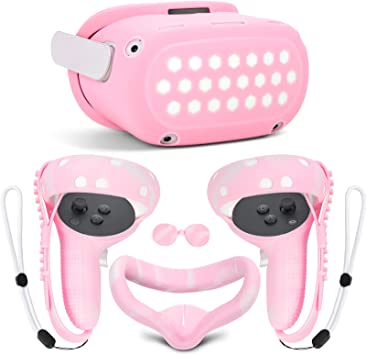 TOMSIN VR Silicone Face Cover, Full Coverage Grips Cover, Shell Front Cover with Lens Cover, Anti-Throw Protector with Adjustable Knuckle Straps Accessories Set for Oculus Quest 2 (Pink)