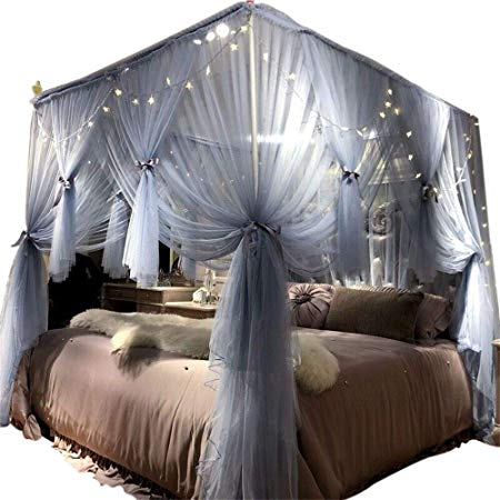 Joyreap 4 Corners Post Canopy Bed Curtain for Girls & Adults - Royal Luxurious Cozy Drape Netting - 3 Opening Mosquito Net - Cute Princess Bedroom Decoration (Gray-Blue, 59" W x 78" L, Full/Queen)