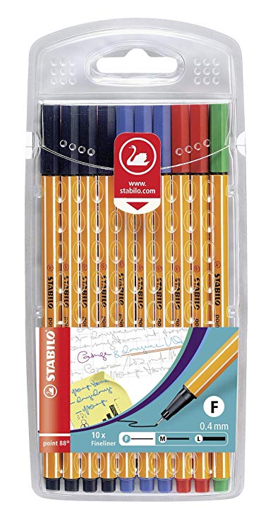 Fineliner - STABILO point 88 Wallet of 10 Assorted Office Colours Black/Blue/Red/Green