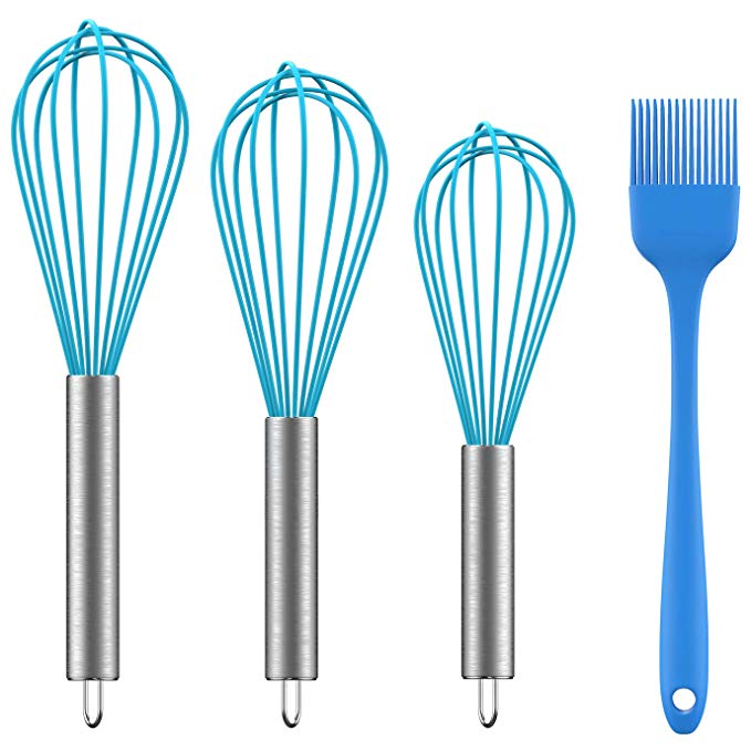 Ouddy 3 Pack Silicone Whisk, Durable Kitchen Whisk, Egg Cooking Whisk Set, Perfect for Blending, Whisking, Beating, Stirring - Come with Cooking Brush