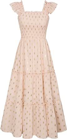 GRACE KARIN Womens Smocked Flowy Summer Dresses A Line Square Neck Flutter Sleeve Ruffle Tiered Polka Dot Cocktail Dress