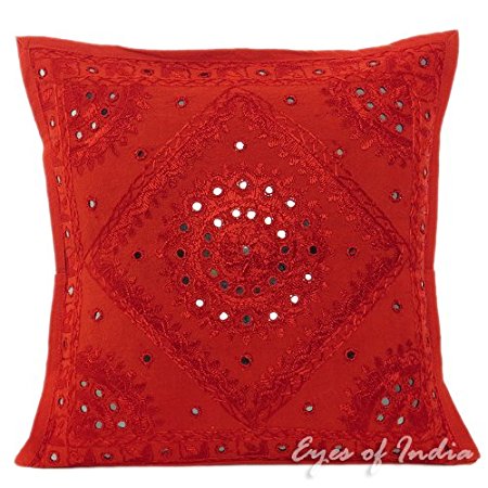 EYES OF INDIA - 16" Red Mirror Embroidered Decorative Sofa Throw Pillow Cushion Cover Bohemian B