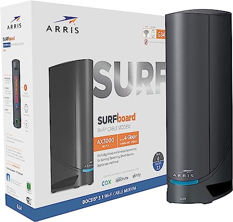 ARRIS Surfboard G34 DOCSIS 3.1 Gigabit Cable Modem & AX3000 Wi-Fi 6 Router, Approved for Cox, Spectrum, Xfinity & Others (Renewed) black