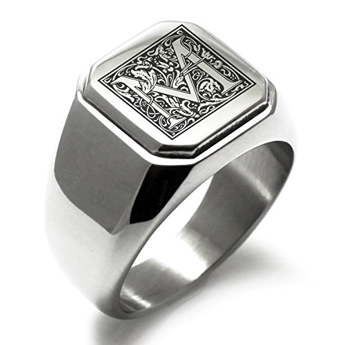 Stainless Steel Letter M Alphabet Initial Floral Monogram Engraved Square Flat Top Biker Style Polished Ring