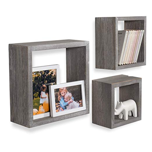 brightmaison Wall Floating Cube Shelves - 3 Shelf Set - Rustic Home Decor for Living Room, Hallway and Bathroom - Wall Mount, Wood, Gray