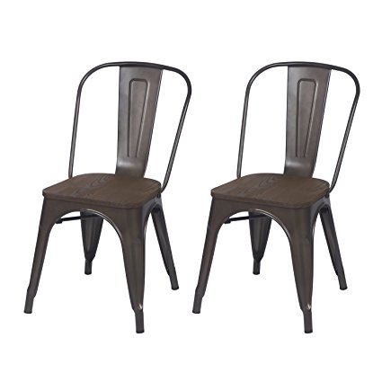 Adeco Metal Stackable Industrial Chic Dining Bistro Cafe Side Chairs, Black Bronze with Wooden seat (Set of 2)