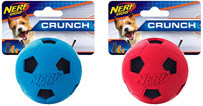 Nerf Dog Soccer Ball Dog Toy with Interactive Crunch, Lightweight, Durable and Water Resistant, 2.5 Inches, for Small/Medium/Large Breeds, Two Pack, Red and Blue