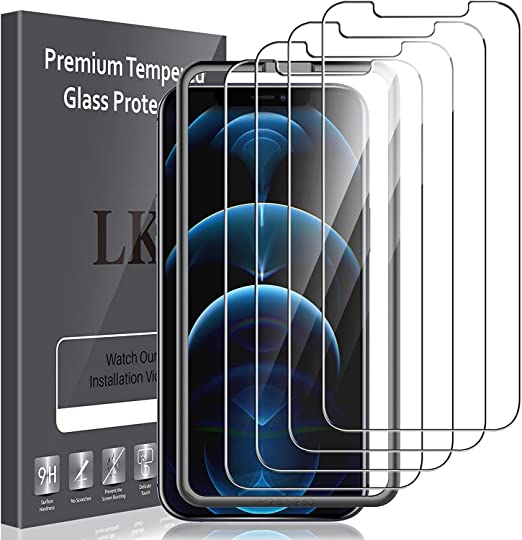 LK 4 Pack Screen Protector Compatible with iPhone 12 Pro Max 6.7-inch, Tempered Glass, Alignment Frame Easy Installation, 9H Hardness, Bubble Free, Work Most Cases