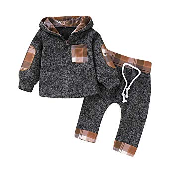 Toddler Baby Boy Girl Clothes Plaid Pocket Hoodie Sweatshirt Pants Outfits Set
