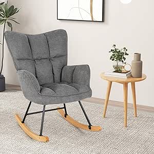 Giantex Rocking Chair Nursery, Modern Rocking Accent Chair w/High Backrest, Padded Armrests, Solid Metal & Wood Frame, Upholstered Linen Glider Rocker Chair for Nursery Living Room Bedroom, Dark Grey