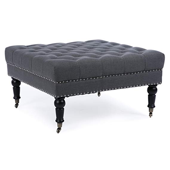 Belleze Square Ottoman Large Tufted Button Linen Fabric Bench Foot Nailhead Trim Stool with Rolling Wheels, Charcoal