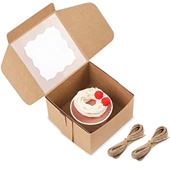 Moretoes Small Cookie Boxes with 66ft Twine 30 Packs 4x4x2.5 Inches Small Brown Bakery Boxes Cupcake Boxes Small Cake Boxes Kraft Treat Boxes with Window