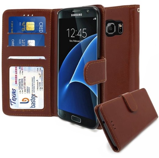 Samsung Galaxy S7 Edge Wallet Case, Bastex Shiny PU Leather Brown Flip Wallet Credit Card Cover for Samsung Galaxy S7 Edge