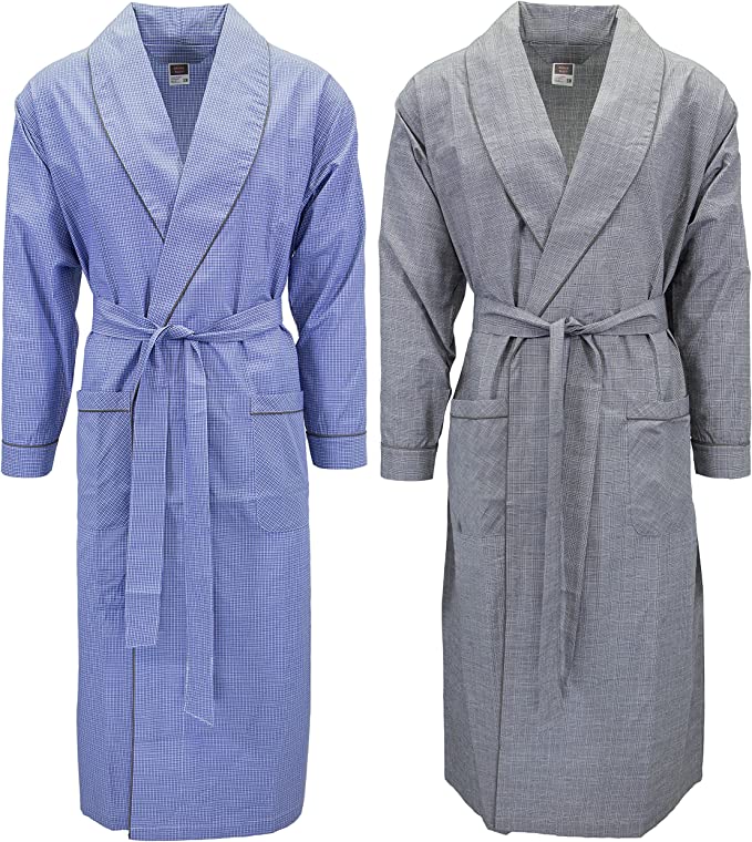Mens 2 Pack Long Sleep Robe , Premium Cotton Blend Woven Lightweight Bathrobe