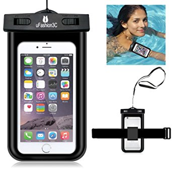 uFashion3C Universal Clear Waterproof Case Bag Pouch [with Armband and Lanyard] for iPhone 6/6S Plus,6/6S,5S,5C,Galaxy S6,S6 Edge,S5,S4,Note 5/4/3/2/1, LG G3/G4 [IPX8 Certified to 100 Feet]- (Black)
