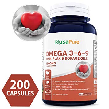 Best Omega 3-6-9 1800mg 200 Powder Capsules (Non-GMO & Gluten Free) Fish, Flax, and Borage Oils, Omega Fatty Acid Supplement, Natural Anti-Inflammatory - Made in USA - 100% Money Back Guarantee!