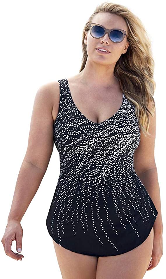 Swimsuits for All Women's Plus Size Black White Dot Sarong Front One Piece Swimsuit