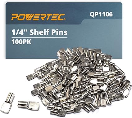 POWERTEC QP1106 1/4 Inch Shelf Pegs 100 pcs, Spoon Shaped Shelf Pins Support Pegs for Shelves, Kitchen Cabinet Shelf, Bookshelf, Closet and Furniture, Nickel Plated Shelf Holders Pegs