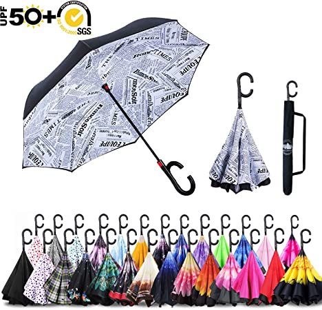 ABCCANOPY Inverted Umbrella,Double Layer Reverse Windproof Teflon Repellent Umbrella for Car and Outdoor Use, UPF 50  Big Stick Umbrella with C-Shaped Handle and Carrying Bag