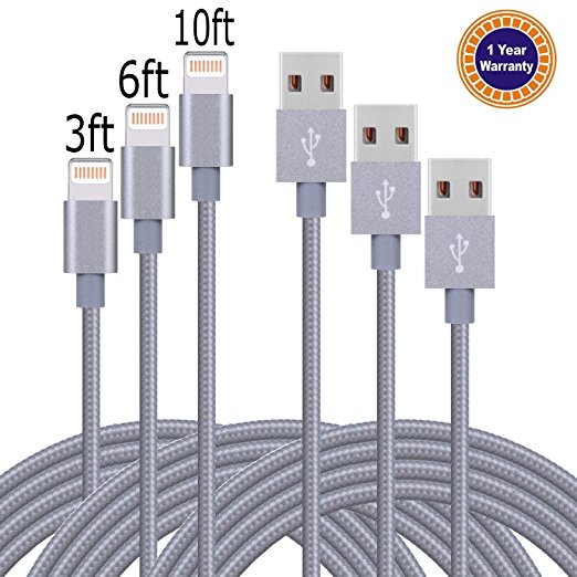 Jricoo 3PACK(3ft 6ft 10ft) Lightning Cable Popular Nylon Braided Charing Cable for iphone 7,7plus,iphone 6s, SE, 6s plus, 6plus, 6,5s 5c 5,iPad Mini, Air,iPad5,iPod.New Version(Gray)