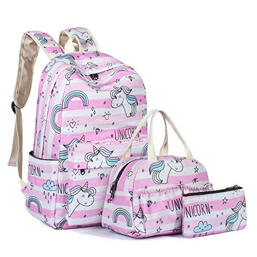 Leaper Water Resistant Unicorn Backpack Girls School Bag Lunch Bag Purse Pink