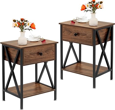 VECELO Night Stands for Bedroom Rustic Nightstand Bedside End Tables with Drawer Storage, 2 Pack, Brown(Set of 2)