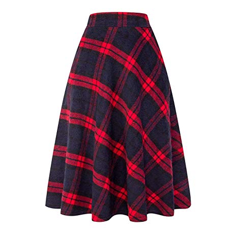 Nantersan Women's Flare Long Plaid Skirt Autumn Winter Warm High Elastic Waist Maxi Skirt A-line Plaid Skirts
